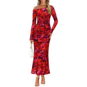 ZESICA Women's Long Sleeve Floral Maxi Dress 2026 Fall Off Shoulder Bodycon Ruched Mesh Cocktail Wedding Guest Dresses (Red, L)