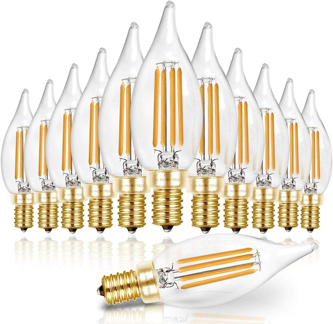 Hizashi 90+ CRI LED Candelabra Bulb 40W Equivalent E12 LED Bulb Dimmable 2700K Soft Warm White, Chandelier Light Bulbs, 4W 450LM Flame Tip CA10 Candle Light Bulbs, UL Listed - 12 Pack
