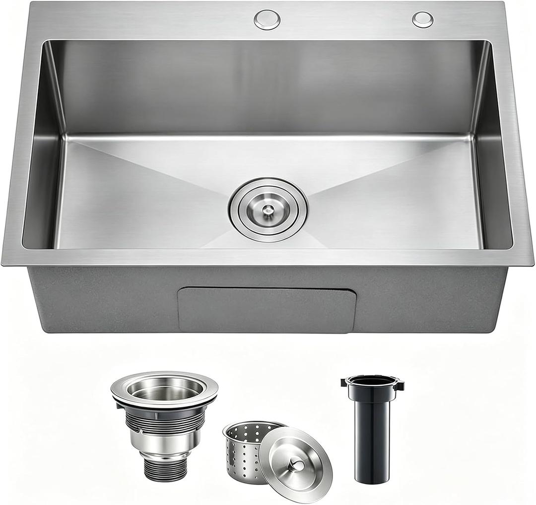 33 Inch Drop In Kitchen Sink - 11 Gauge Stainless Steel Single Bowl 33x22 Top Mount Kitchen Sink, 33" x 22" x 10"