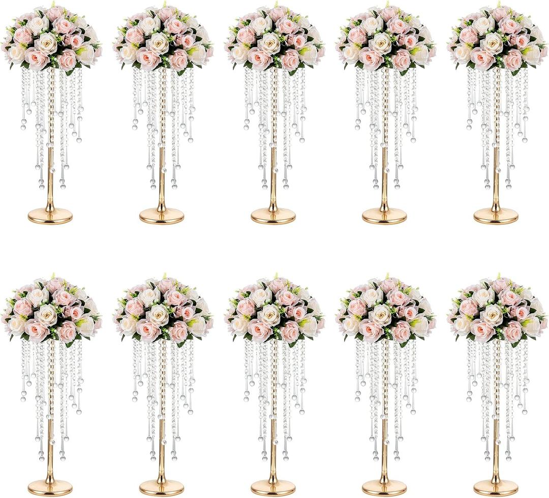 NUPTIO Gold Vases for Centerpieces Wedding - 10 Pcs 21.7in Tall Vase Centerpieces for Tables - Chandelier Flower Stand Bulk