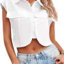 Tankaneo Womens Button Down Shirts Cute Summer Cap Sleeve Crop Tops Blouse S