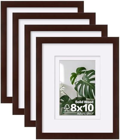 Egofine 8x10 Picture Frames Made of Solid Wood with Plexiglass, Display Pictures 4x6/5x7 with Mat or 8x10 Without Mat Set of 4 for Tabletop and Wall Mounting, Walnut Color