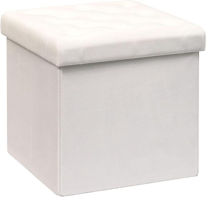 B FSOBEIIALEO Storage Ottoman Cube, Velvet Tufted Folding Ottomans with Lid, Footstool Rest Padded Seat for Bedroom (White, Medium)