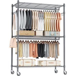 Homdox Heavy Duty Rolling Clothing Rack, Adjustable Garment Rack with 3 Tier Storage Shelves, Freestanding Closet Wardrobe for Hanging Clothes with Side Hooks, Gray