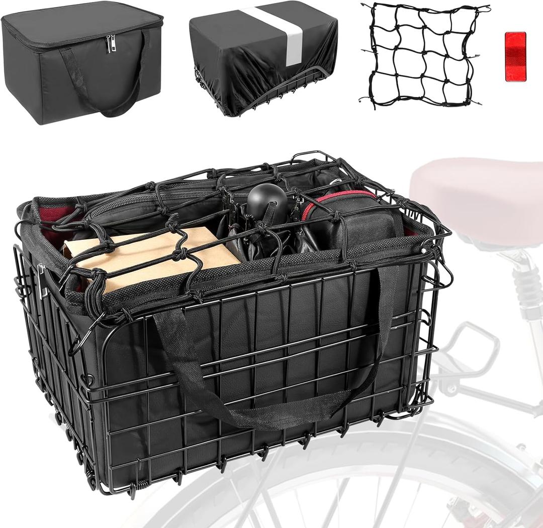 Riian Bike Basket Front/Rear, Thickened Shockproof Foldable Bicycle Basket with Waterproof Bag, Quick Release Design, Metal Bicycle Frame Basket for Adult Women Men