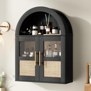 RUSTOWN Arched Bathroom Wall Cabinet, Rattan Medicine Cabinet with 2 Glass Doors, Farmhouse Over the Toilet Storage Cabinets with Adjustable Shelves, 3-Tier Wall Mounted Cabinets, Large