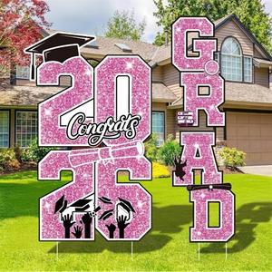 Graduation Yard Sign Class of 2026 Decorations, 4pcs Pink and White Glittering Congrats Grad 2026 Lawn Yard Sign with Stakes for Girl High School College Indoor Outdoor Graduation Party Decor Supplies