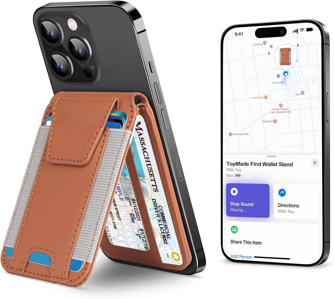 TopMade for Magsafe Wallet, Works with Apple Find My, Strongest Magnetic Wallet for iPhone 17/16/15/14/13/12 Series, Mganetic Card Holder with Adjustable Stand, 9 Cards Holder, Brown