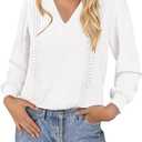dowerme Womens Tops 2026 Spring V Neck T-Shirts Long Sleeve Shirts Lace Crochet Work Blouses Dressy Casual Loose Tunics (White, L)