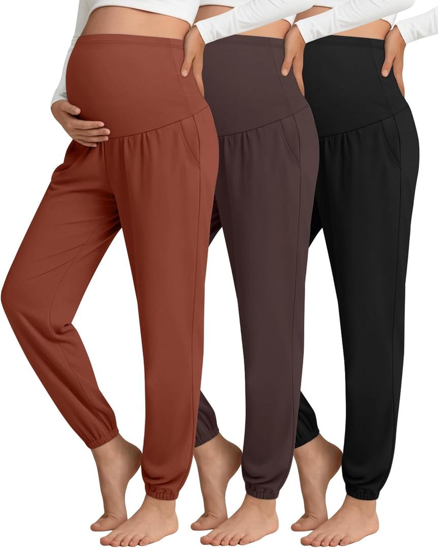 3 Pack Women's Maternity Pants Maternity Jogger Sweatpants Over The Belly Stretchy Pregnancy Pants with Pockets (Medium, Pumpkin, Dark Brown, Black)