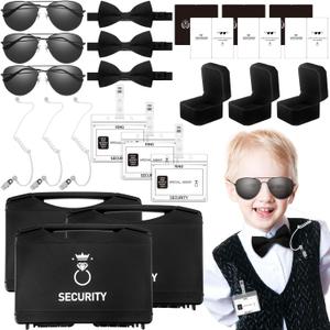 Mepase 24 Pcs Ring Wedding Security Set, Ring Bearer Box, Kids Sunglasses, Bow Tie, Security Earpiece, ID Badge Holder with ID Card, Task Card, Wedding Suitcase for Agent Proposal Gift Cosplay, Black