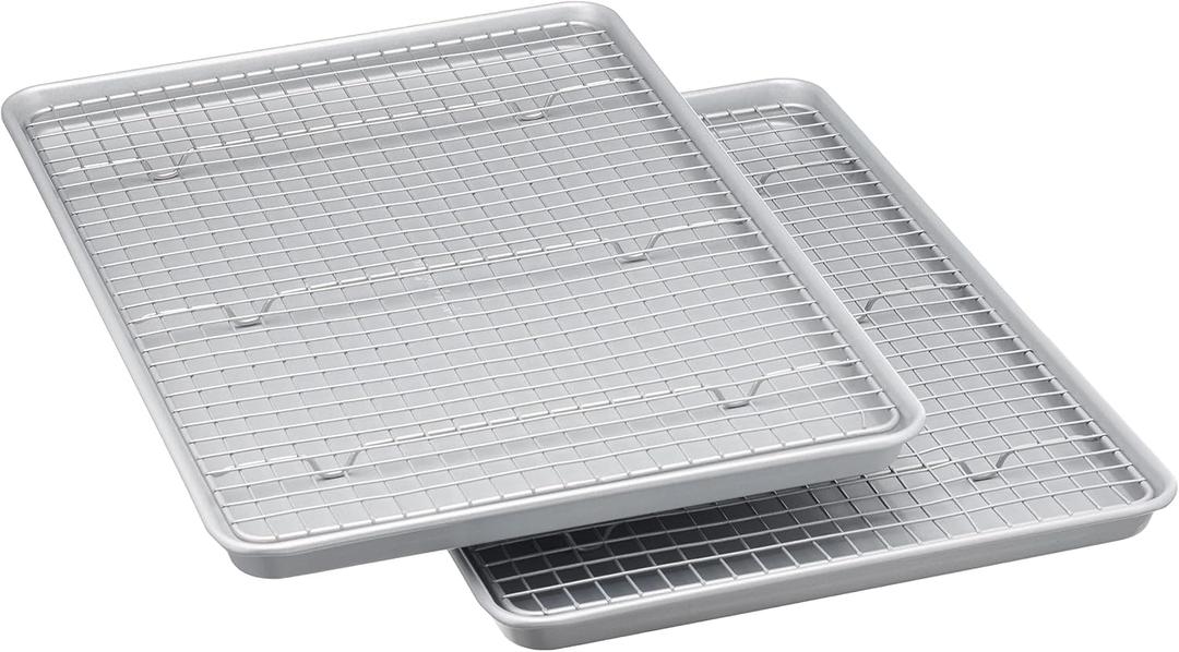 Amazon Basics Ceramic Nonstick Baking Sheets & Cooling Rack Set, Dishwasher Safe, Oven Safe, Half Sheet Size, Gray, 2-Pack