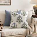 MIULEE Set of 2 Vintage Pillow Covers Neutral Decorative Floral Throw Pillows Block Print Boho Farmhouse Cushion Covers for Modern Rustic Home Decor Sofa Bed Living Room, 18 x 18 Inch, Blue Green