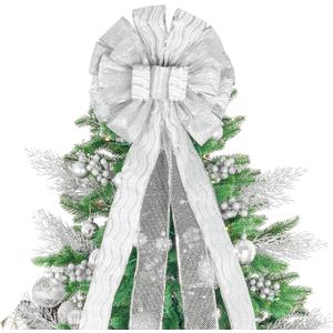 Christmas Tree Topper, 32x12 Inches Large Toppers Bow with Glitter Satin Mesh Streamer, Silve Christmas Tree Topper for Christmas Home Decoration (Silver)