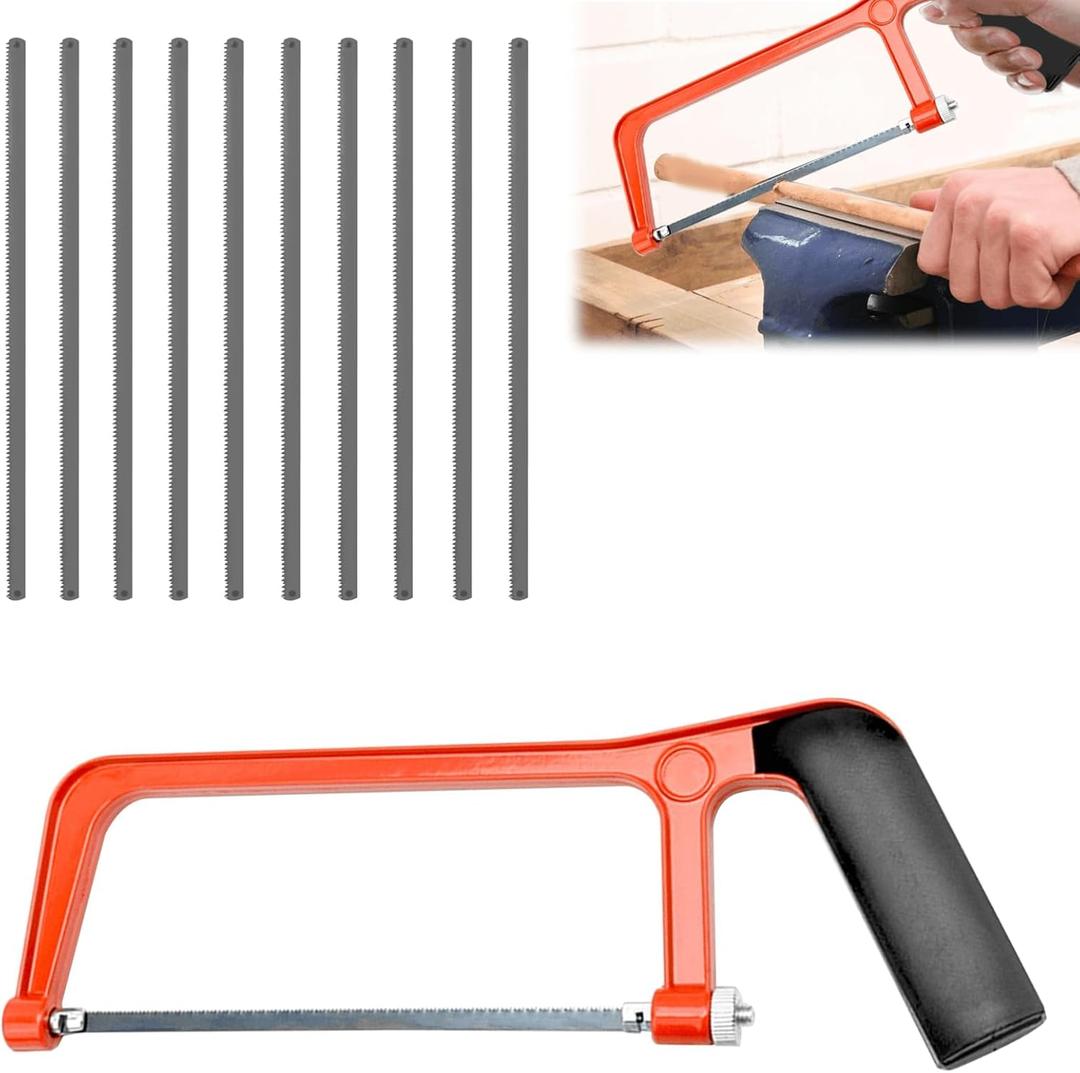 11PCS Metal Saw Red Hack Saw Professional Hack Saws Small Metal Cutting Saws Adjustable Angle Heavy Duty Small Hacksaw with 10 Exchangeable Blades for Cutting Plastic PVC Pipe Tile Metals