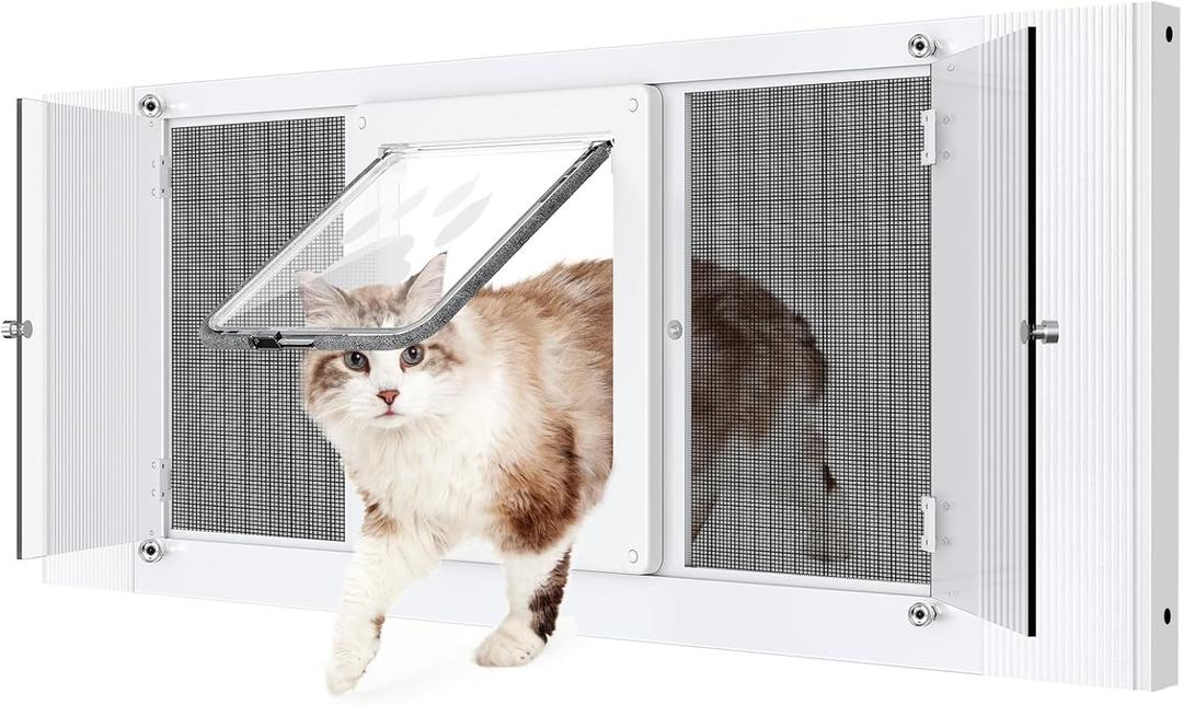 2-in-1 Cat Door for Window with Acrylic Panel, Rainproof & Ventilation Dual Modes, Adjustable Width of 32"-36" for Sliding Windows, Weather Resistant Window Cat Door Insert, Fit 32''-36'' Windows