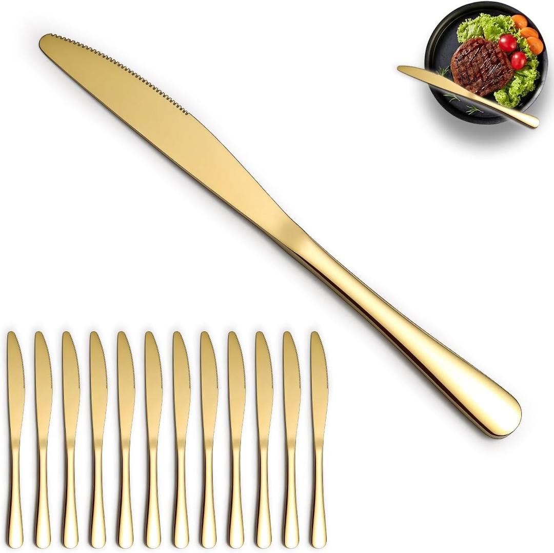 Gold Dinner Knives Set of 12 Pieces, Stainless Steel Titanium Gold Plating Butter Knife, Table Knives for Home, Restaurant, Hotel, Wedding, Events