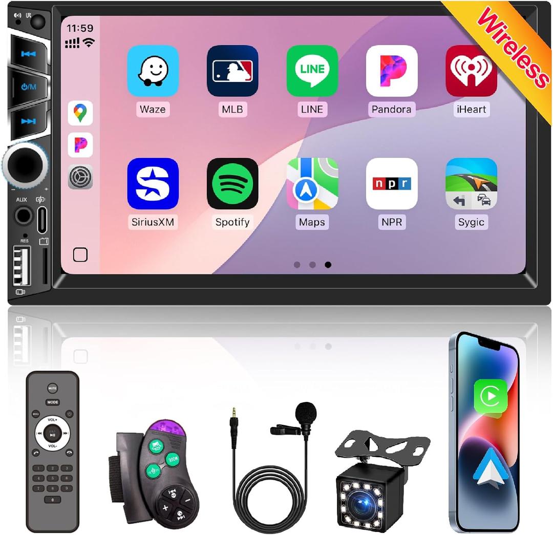 Wireless Apple Carplay 7 inch Double Din Car Stereo,IPS Touchscreen,Bluetooth 5.2,FM Car Radio,Bakcup Camera,Subwoofer Ports, Audio Receiver,Android Auto,Type-C/USB Fast Charging,GPS Navigation