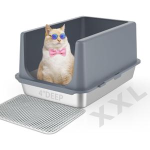 LIHONG Stainless Steel Litter Box with Lid, XL Metal Cat Litter Tray for Indoor Cats, Enclosure Cat Litter Pan for Large Cats, Non-Sticky Large Kitty Litter Box, Anti-Leakage, 23.5" X 15.6" X 12"