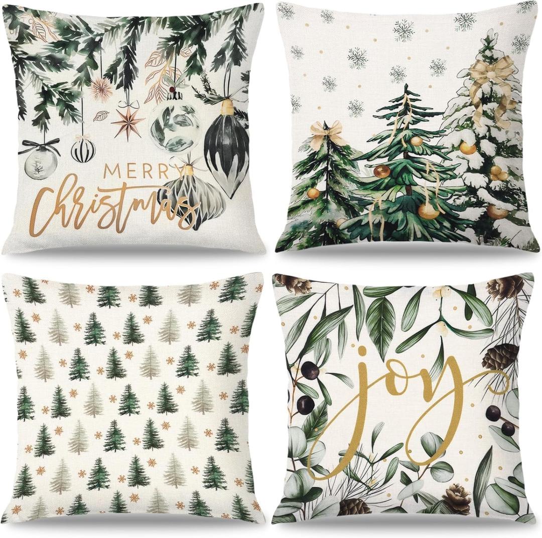 Set of 4 Christmas Pillow Covers 18x18, Merry Christmas Xmas Ball Trees Throw Pillow Covers Green Xmas Pillowcase for Home Farmhouse Patio Car Sofa Bed Winter Indoor Decor (Green)
