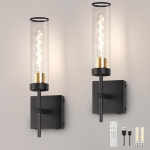 Wall Sconces,Battery Operated Wall Sconce 10400mAh Black and Gold Fast Chargin Endurance 150 Hours Infinitely Dimmable with Remote Control Wireless Wall Lights for Bedroom Living Room Hallway (BK GD&Metal Edge-3000K)