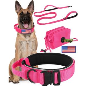 Dog Collar and Leash Set, 6-8 FT Bungee Dog Leash, Heavy Duty 2 in Wide Collar for Large Dogs, with A Dog Poop Bag Holder for Leashes (M: Width 1.7", Length 15.5"-18.5")