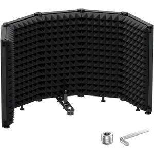 Moukey Microphone Isolation Shield, Foldable Mic Shield with Triple Sound Insulation, Reflection Filter with 3/8" and 5/8" Mic Threaded Mount for Recording Studio, Podcasts, Singing, and Broadcasting (L(29.9''x12.8''))