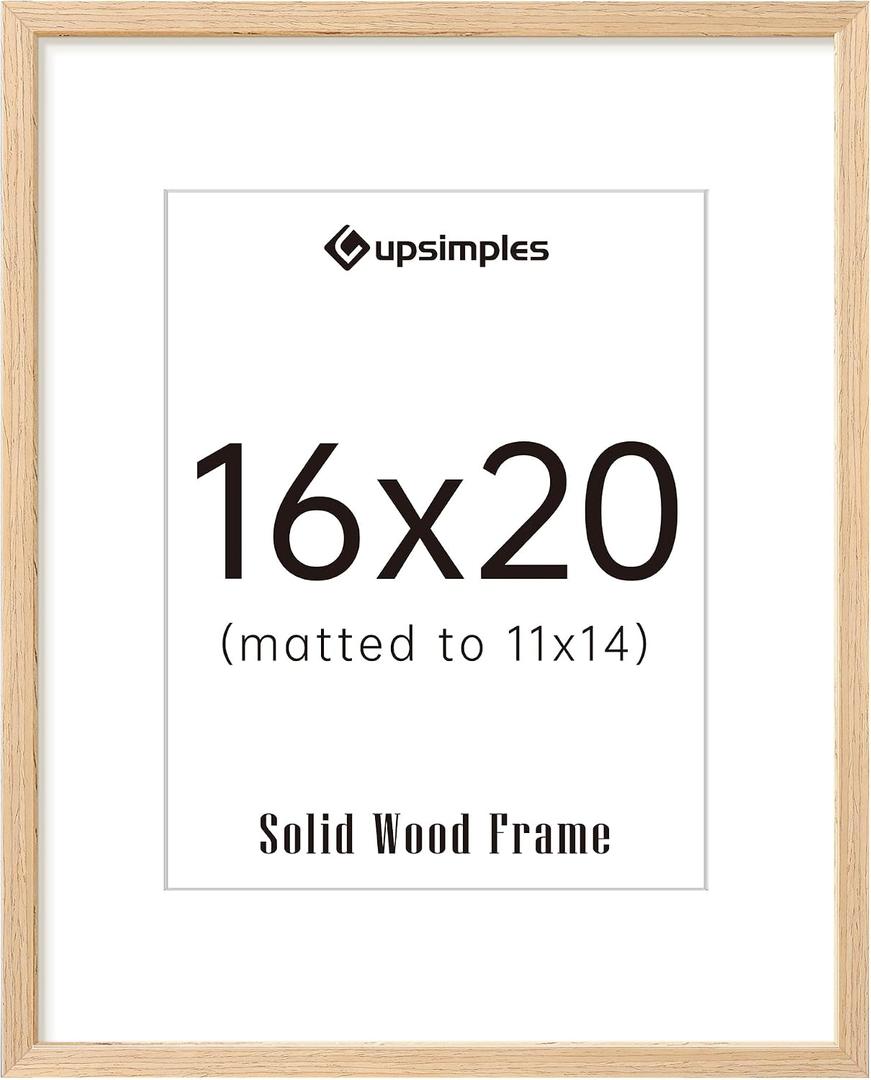 Upsimples 16x20 Frames, Natural Solid Wooden Picture Frames, Display 11x14 with Mat or 16 x 20 Without, Vertical or Horizontal Wall Hanging, 1 Pack, Natural