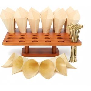 36 Slot Wooden Cone Holder Stand with 100 Cones & 100 Picks, 13 x 13 Appetizer & Dessert Cone Display for Catering Buffets, Charcuterie Cone Bar, Parties & Food Trucks