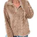 BLENCOT Women Fashion Button Down Collar Textured Shearling Long Sleeve Plain Cable Casual Fuzzy Fleece Ladies Sweatshirts Pullovers Shirts Tops Khaki 2XL
