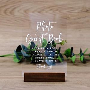 Clear Acrylic Photo Guest Book Signs with Wood Stand- 5”x 7" Clear Acrylic Wedding Reception Sign with Holder, Snap A Photo Sign for Wedding Reception & Event Party