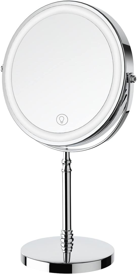 Lighted Makeup Mirror, 3000 mAh Rechargeable Double Sided Magnifying Mirror with 3 Colors, 1x/10x 360° Rotation Vanity Mirror, Brightness Adjustable Magnification Cosmetic Light up Mirror, Women Gift