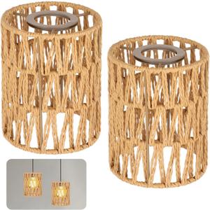 Rattan Lamp Shade 2 Pcs Rattan Lamp Shades, Retro Farmhouse Wicker Lampshade Replacements, 4.7" D5.9" H Cylinder Woven Lamp Shades for Floor Lamps, Pendant Light, Chandelier, Sconces Light