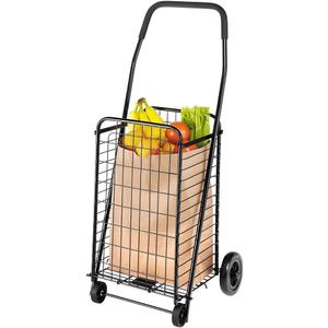 Whitmor Foldable Utility Shopping Cart with Wheels, Heavy Duty Metal Grocery Cart, Portable Foam Handle, Rolling Collapsible Trolley for Groceries, Laundry, Storage, Black