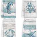Beach Coastal Kitchen Towels and Dishcloths Set of 4, Lake House Nautical Beachy Dish Towels, Starfish Seahorses Coral Seashell Decorative Hand Tea Towel for Bathroom Kitchen, 16x24 Inches