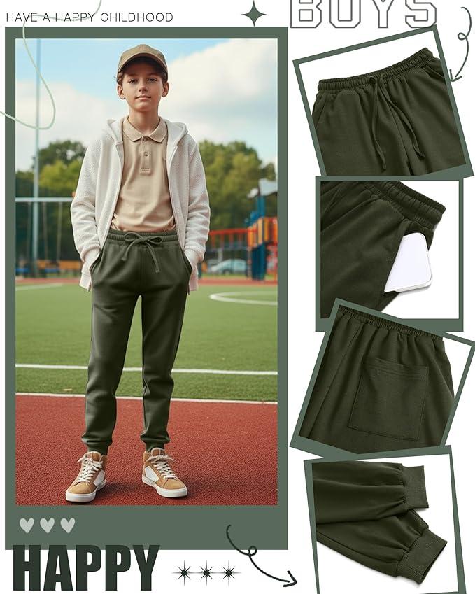 2 Pack Boys' Active Sweatpants Kids Athletic Casual Joggers Youth Drawstring Elastic Waist Pants with 3 Pockets (Large, Black, Light Gray, Army Green)