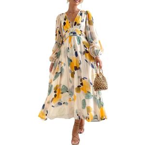Sissyaki Womens Long Sleeve Summer Maxi Dress 2026 Floral Dress Spring Wedding Guest Dress Yellow-Watercolour XL