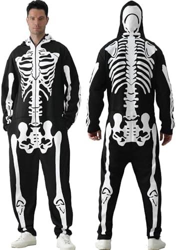Men's Halloween Skeleton Costume, Deluxe Comfy Easy for Adult Double Sided Skeleton Jumpsuit with Hood﻿ Large