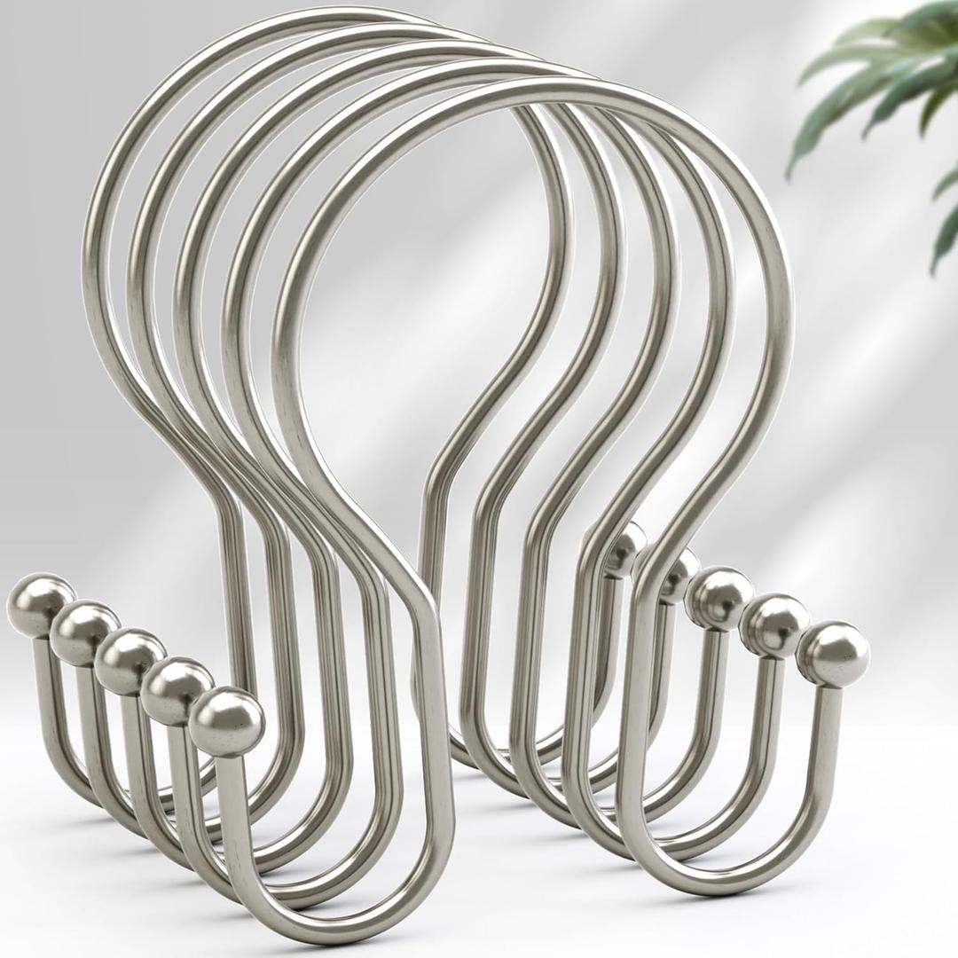 AmazerBath Shower Curtain Hooks Brushed Nickel Shower Curtain Rings, Simple Double Hook Shower Curtain Hooks Rust Proof, Smooth Glide Metal Shower Hooks for Shower Curtain, 12Pcs Shower Rod Hooks