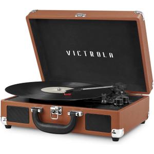 Victrola Journey Bluetooth Portable Suitcase Record Player  with Built-in Speakers, 3 Speed Vinyl Record Player, RCA Out, Headphone Jack (Cognac)