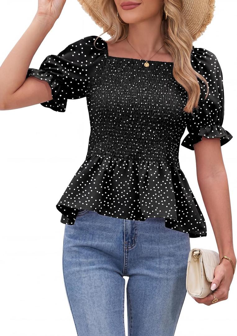 Womens Puff Short Sleeve Babydoll Tops Floral Summer Peplum Blouse Smocked Square Neck Loose Fit Ruffle Dressy Tee Shirts, XL