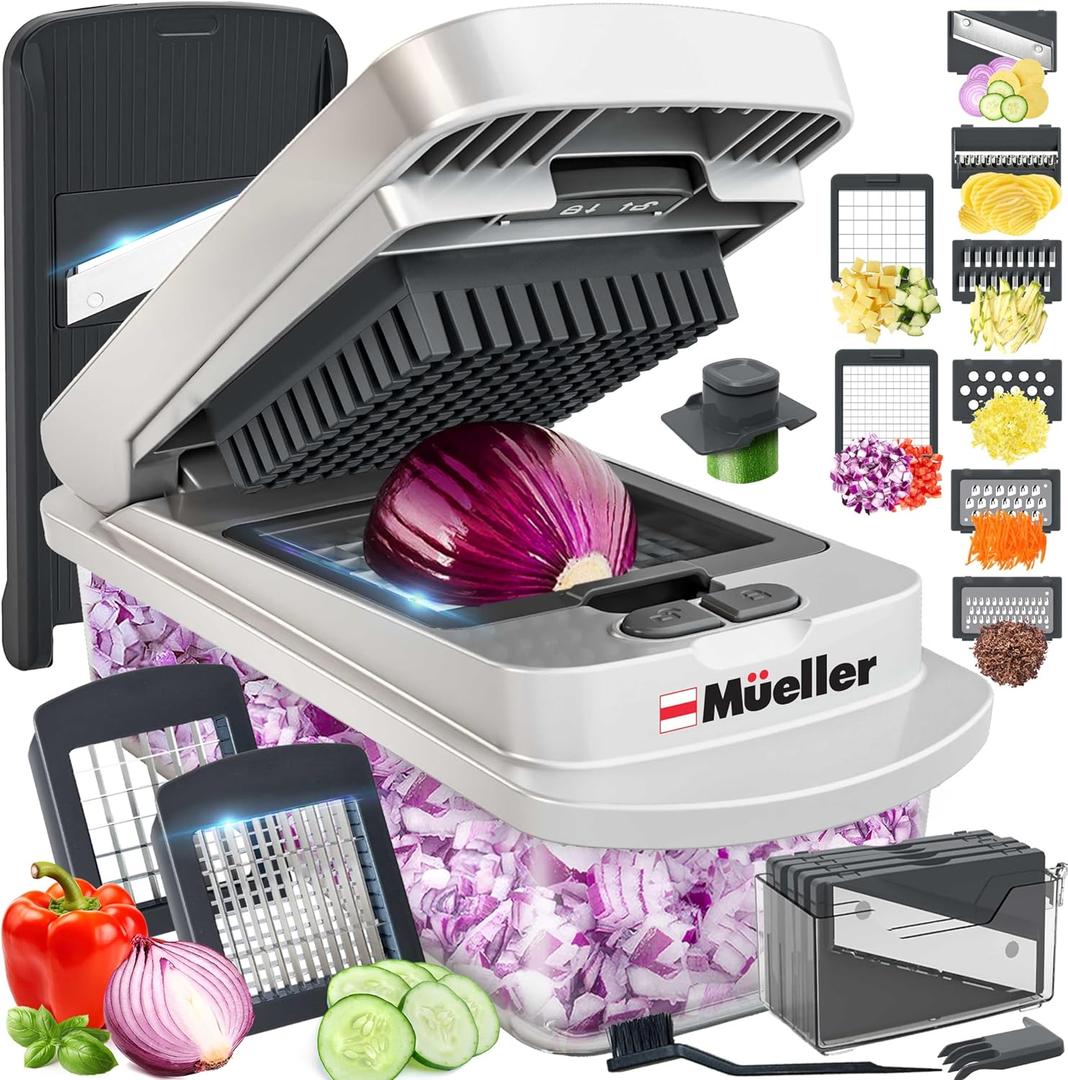 Mueller Pro-Series 10-in-1, 8 Blade Vegetable Chopper, Onion Mincer, Cutter, Dicer, Egg Slicer with Container, French Fry Cutter Potatoe Slicer, Home Essentials & Kitchen Gadgets, Salad Chopper (White Sand/Gray)