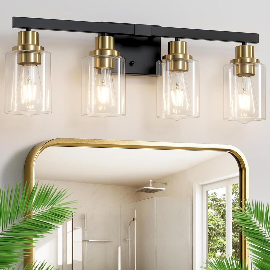 Bathroom Vanity Light, 4-Light Black and Gold Bathroom Light Fixtures with Clear Glass Shade, Bathroom Lighting Fixtures Over Mirror, Bath Black Wall Lights for Mirror Bedroom, Living Room