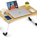 FISYOD Foldable Laptop Table, Portable Lap Desk Bed Table Tray, Laptop Stand with Cup Holder & Tablet Slot & Lifting Handle for Working Writing Drawing & Eating (Wood)