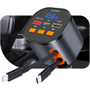 Retractable Car Charger, Bluetooth 5.3 FM Transmitter Adapter, Handsfree Call 5 in 1 Fast Car Phone Charger 90W, 2 Retractable Cables and USB Charger, Essentials Gift for iPhone 16/15/14,Galaxy,Pixel