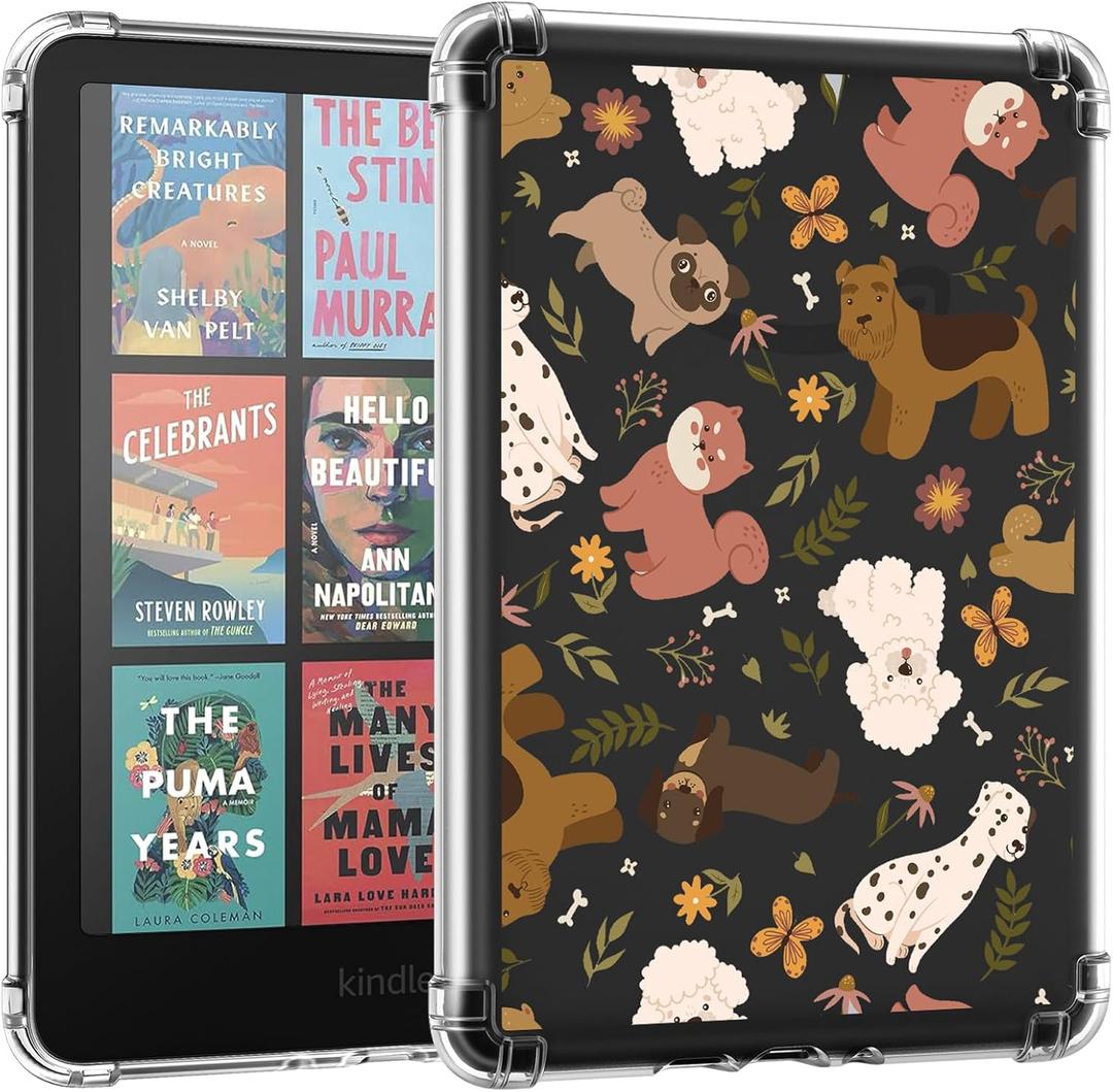 MoKo Case for All-New 7" Kindle Paperwhite (12th Generation-2024) and Kindle Colorsoft Signature Edition 2024 Ultra Thin Clear Flexible Transparent TPU Skin Bumper Back Cover Shell, Happy Dogs
