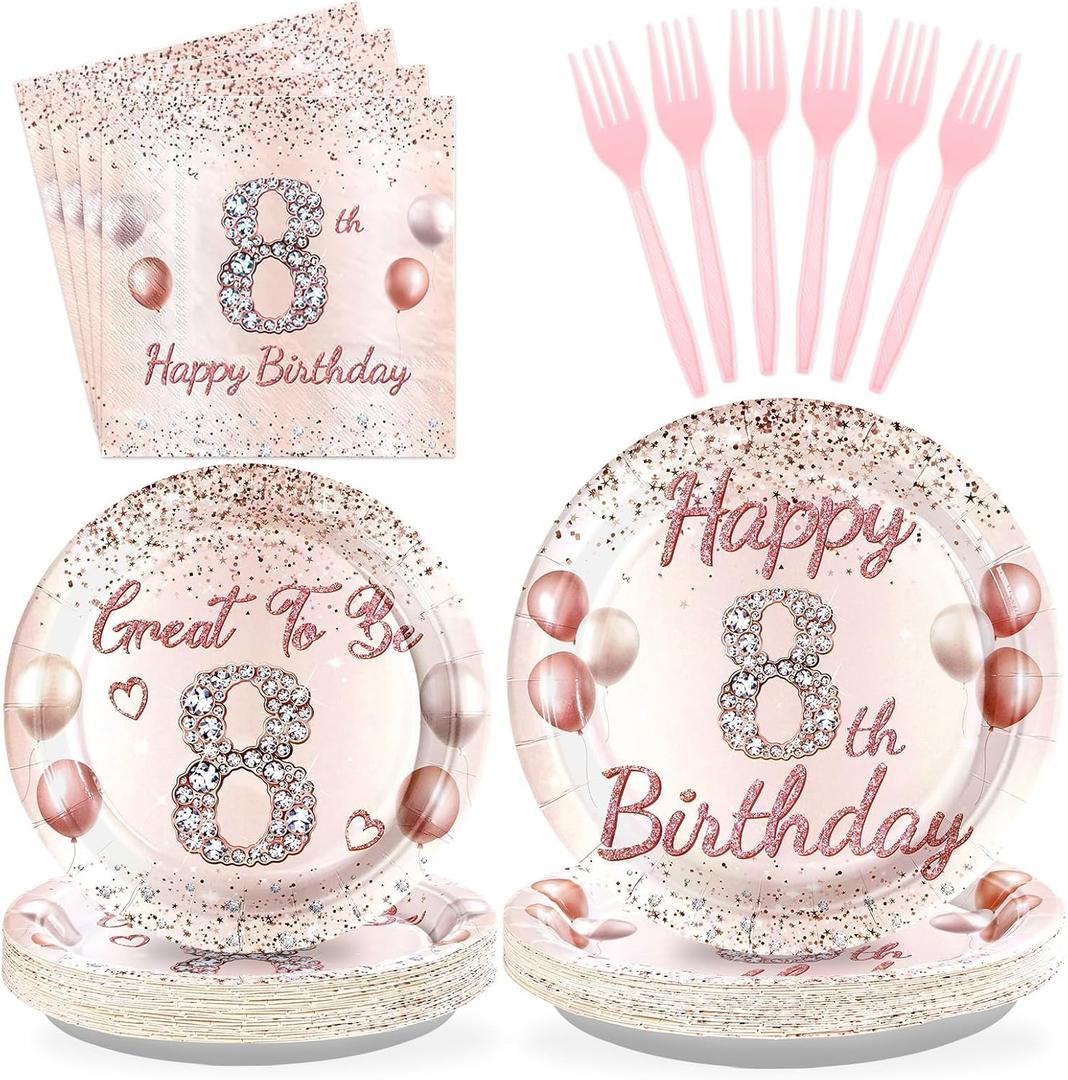 Grencian 96 Pcs 8th Birthday Party Supplies for Girls Rose Gold 8 Years Old Paper Plates and Napkins Tableware Set 8th Birthday Decorations for Girls Eight Years Old Party Grade Graduation Serves 24
