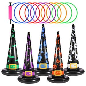 Halloween Ring Toss Game Set - Inflatable Witch Hat With 10 Plastic Rings and Air Pump - Fun Family Party Game and Decoration