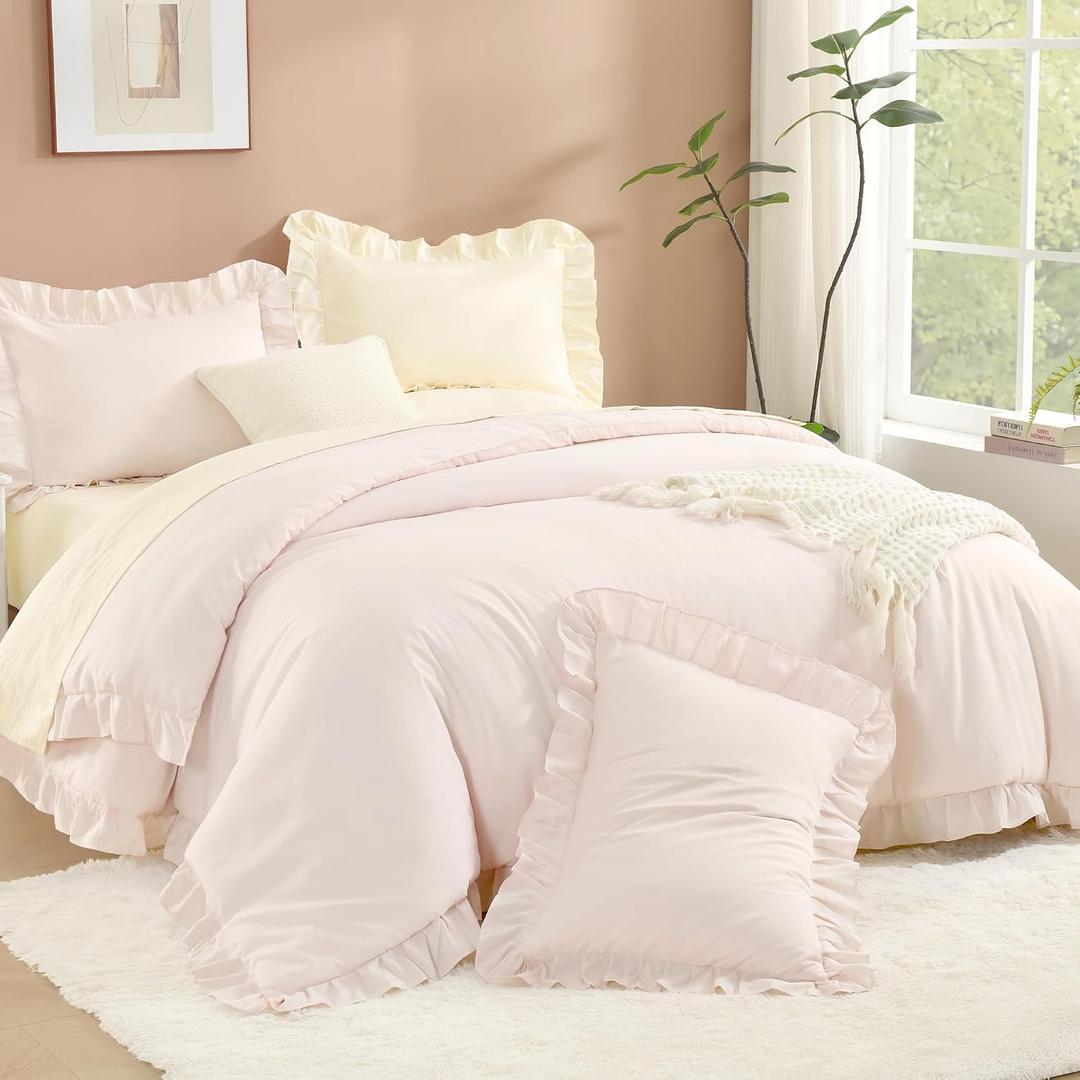 Litanika Light Pink Twin Size Comforter Sets, 2 Pieces Ruffle Farmhouse Aesthetic Bedding Comforter Sets, All Season Soft Lightweight Fluffy Microfiber Bed Set(66x90In Comforter, 1 Pillowcase)