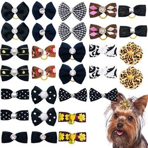 30PCS/15PAIRS Black Dog Hair Bows with Rubber Bands Puppy Hair Bowknot Top Knot Elastic for Girl Female Doggy Cat Rabbit Poodle Pet Animal Grooming Accessories Attachment